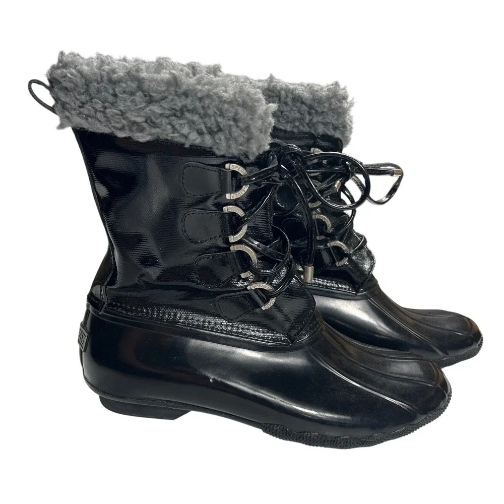 Sperry Top-Sider Saltwater Black Patent Duck Boots Womens 8.5 Snow Rain EUC